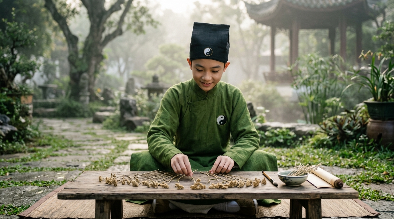 Boy arranging yarrow stalks garden