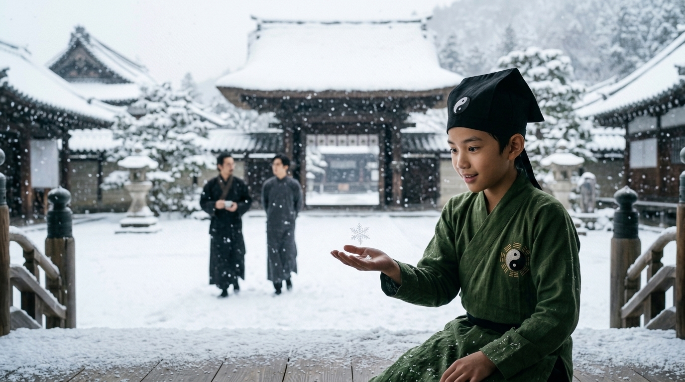 Boy catching snowflake in palm
