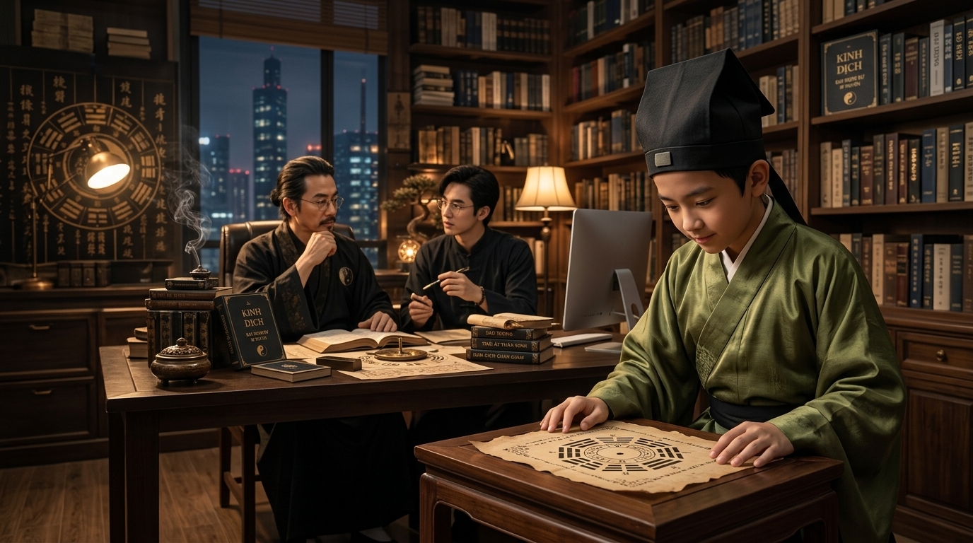 Boy examining ancient hexagram