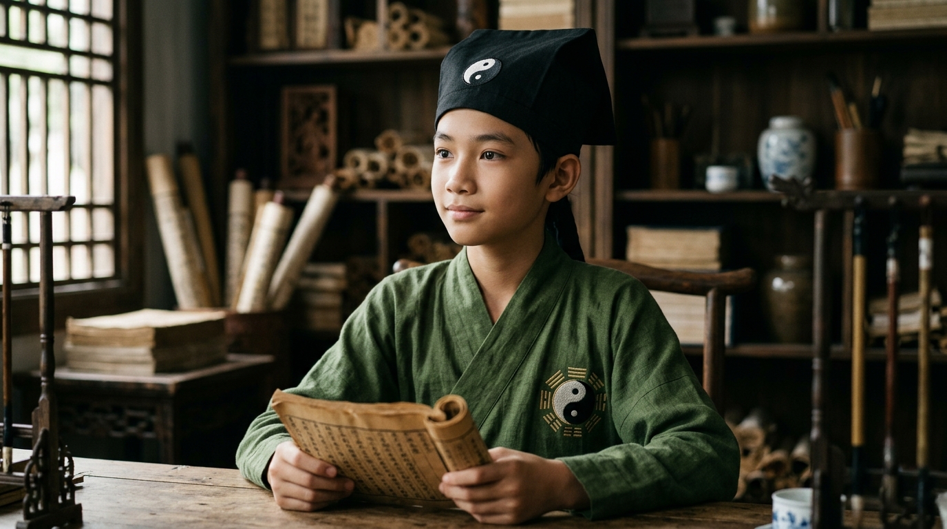Boy in moss green robe