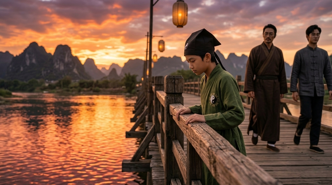Boy leaning on bridge