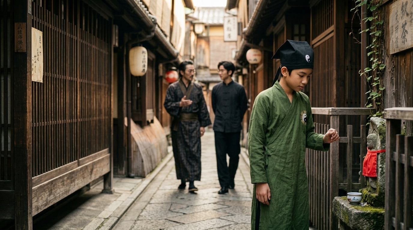 Boy looking at Jizo shrine