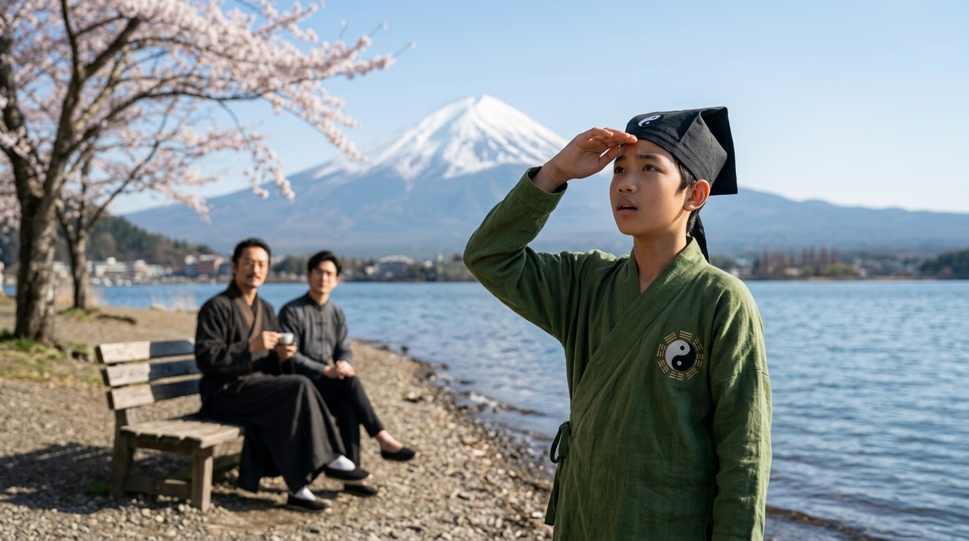 Boy looking at Mount Fuji