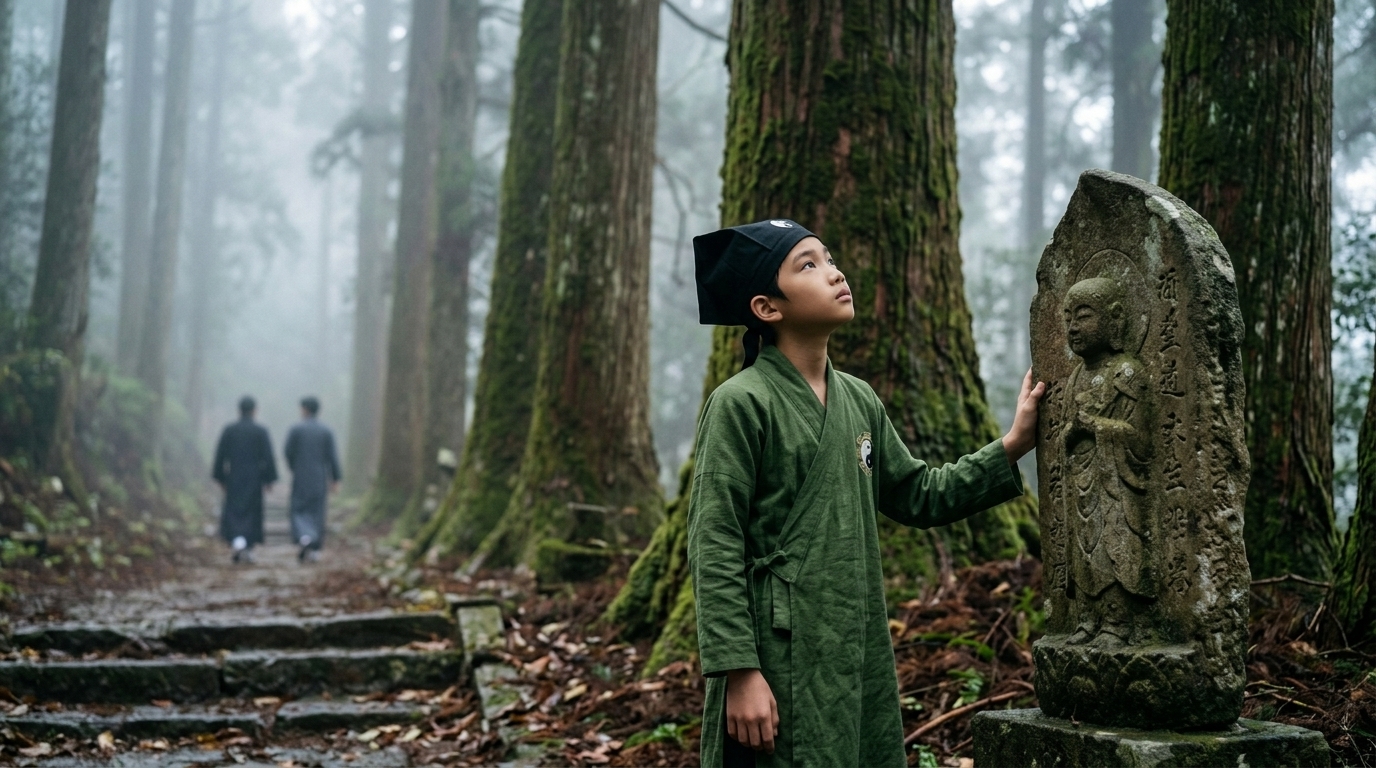 Boy looking up ancient trees