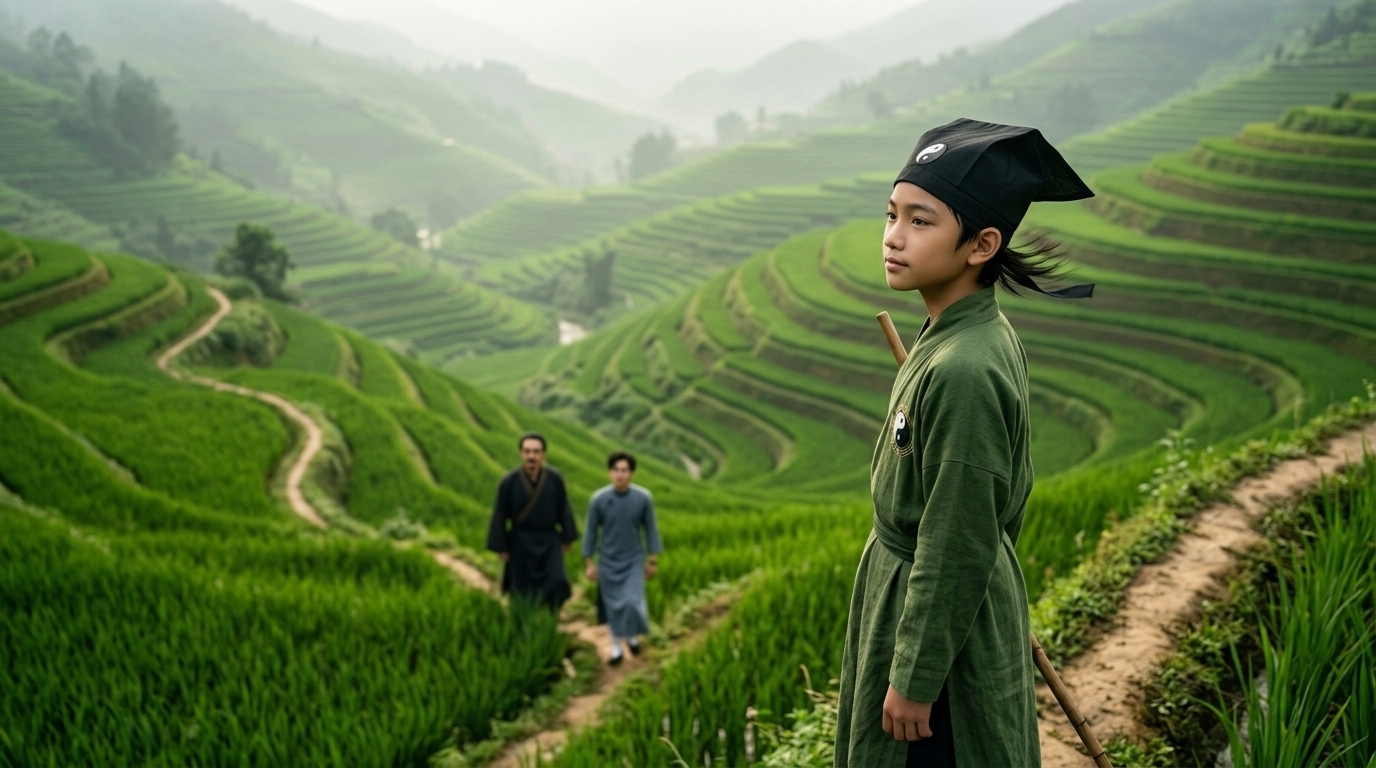 Boy overlooking rice fields