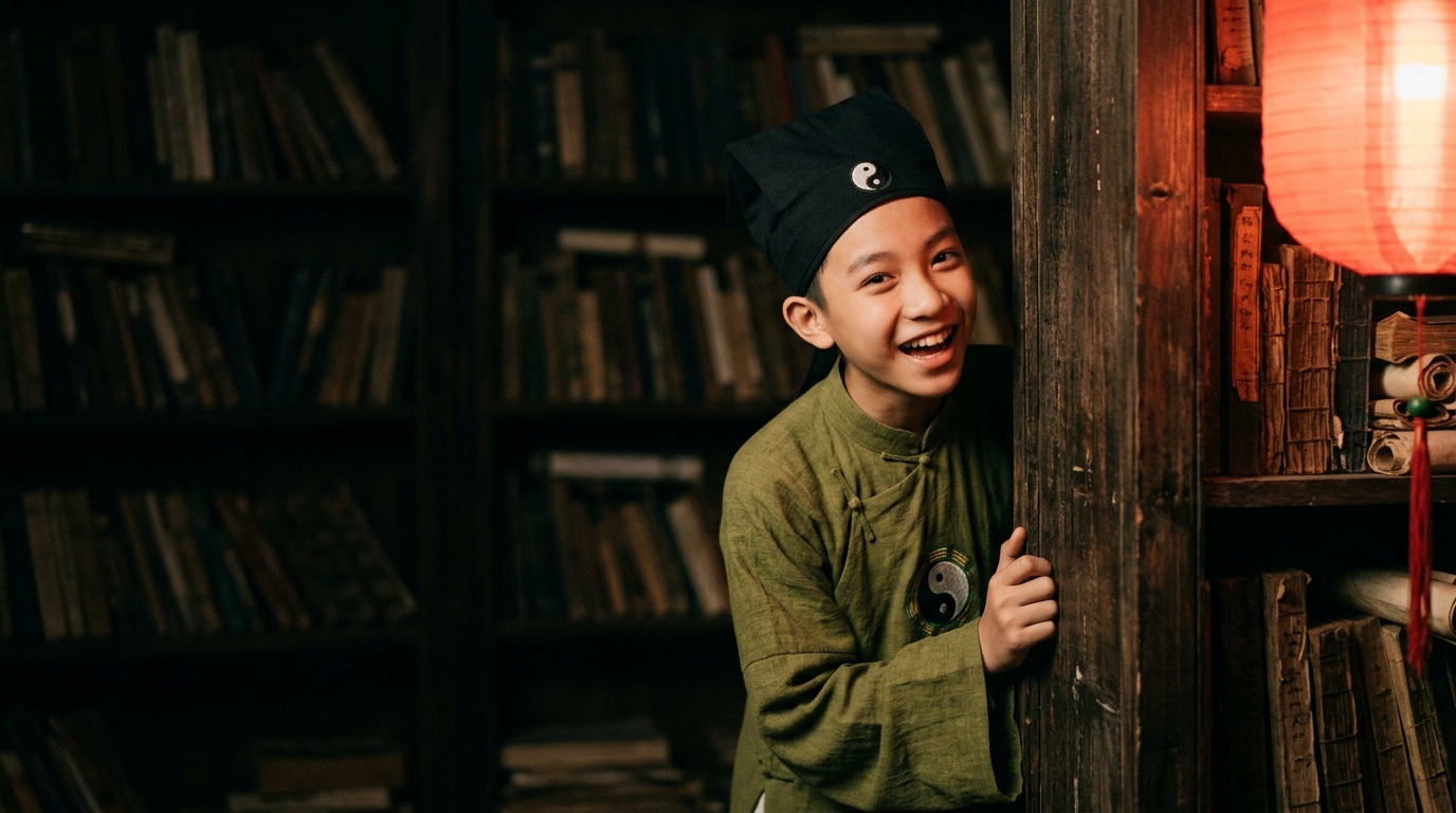 Boy peeking from bookshelf giggling