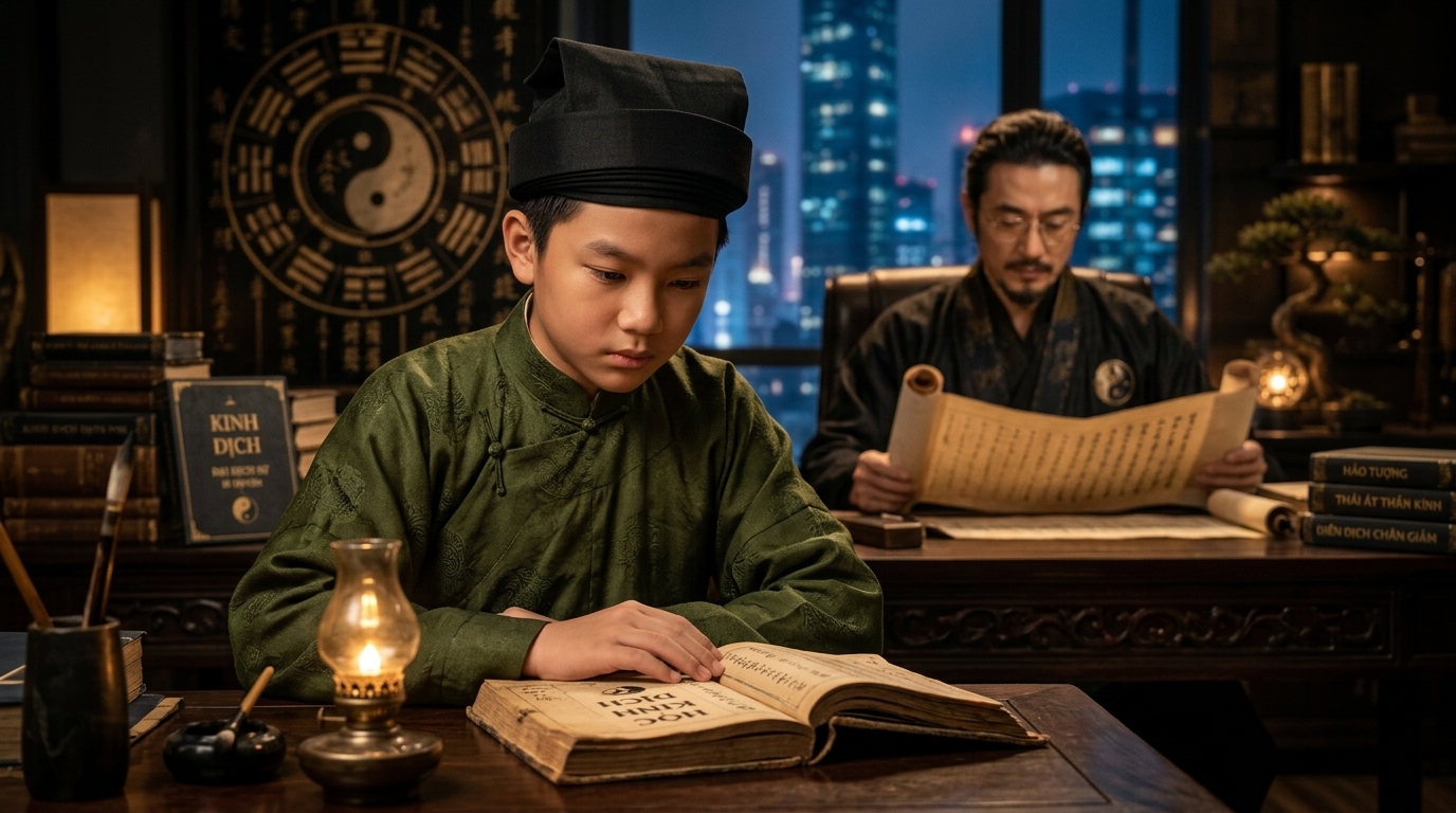 Boy reading ancient book background