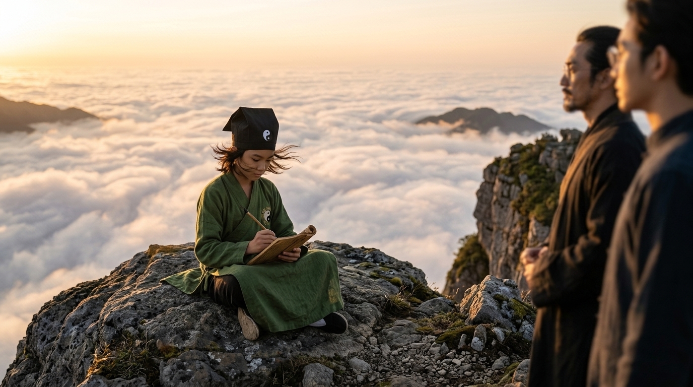 Boy sitting on rock taking