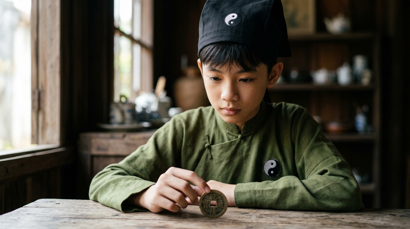 Boy touching ancient coin
