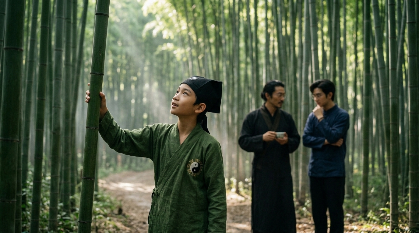 Boy touching bamboo stalk