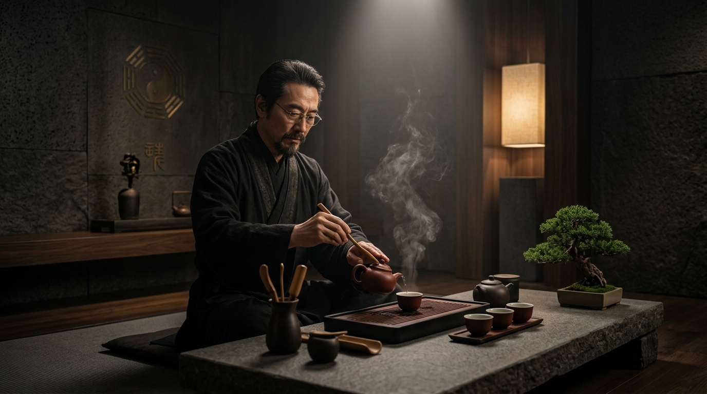 Elderly man performing tea ceremony