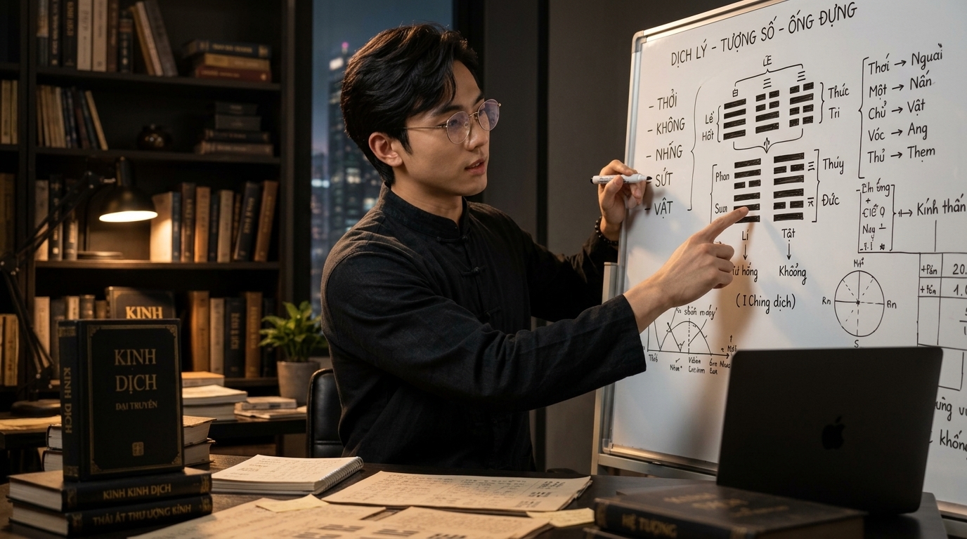 Man pointing at I Ching