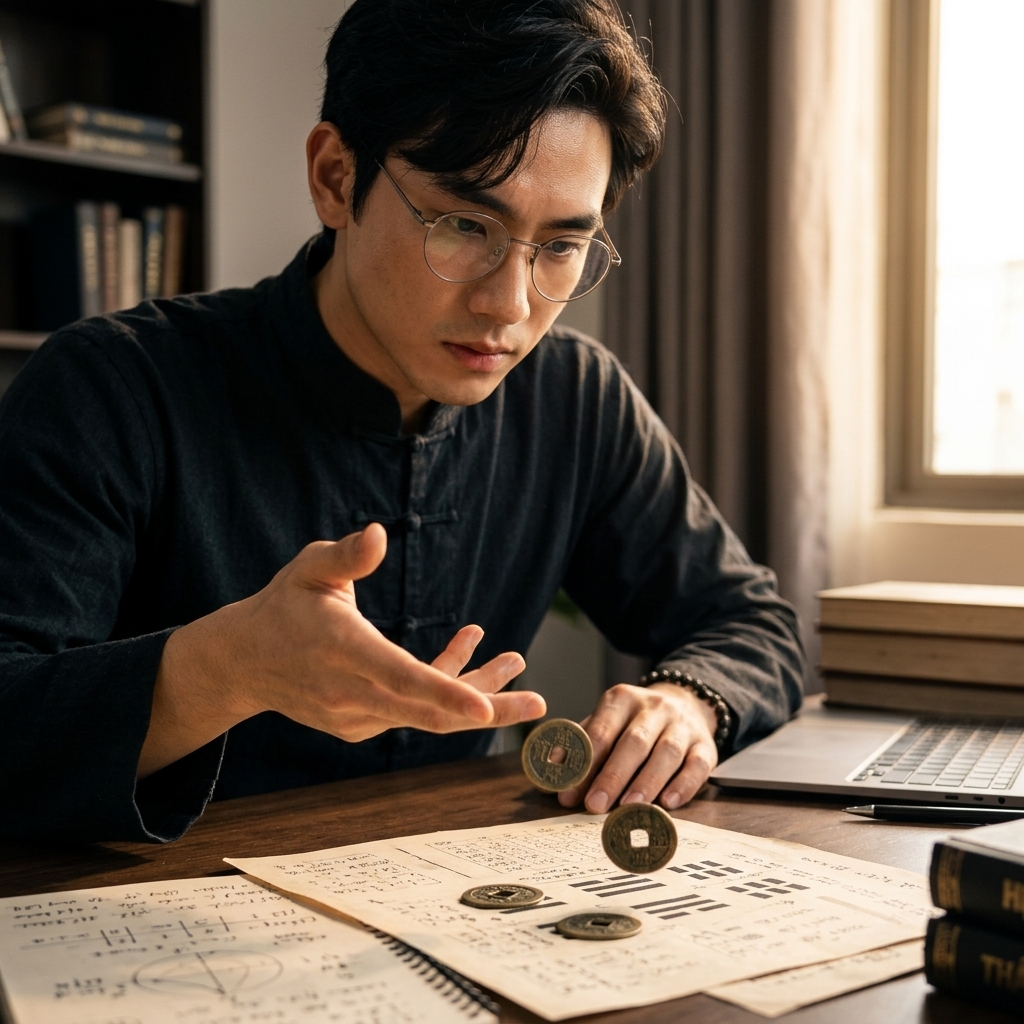 Man tossing coins casting hexagram