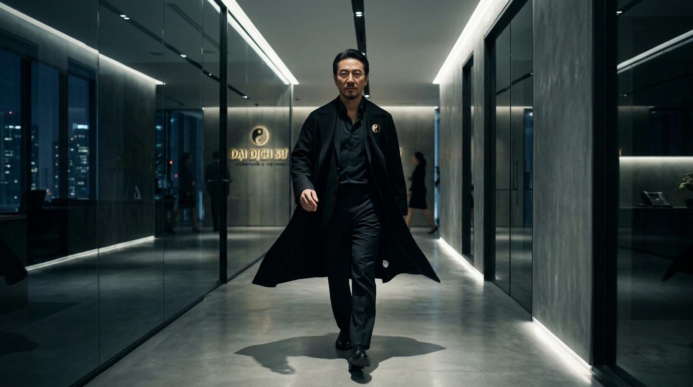 Master walking in office hallway